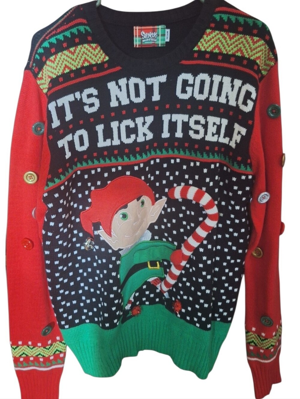 Spencer's Mens Ugly Christmas Sweater sz M Funny Humorous Elf life of the part